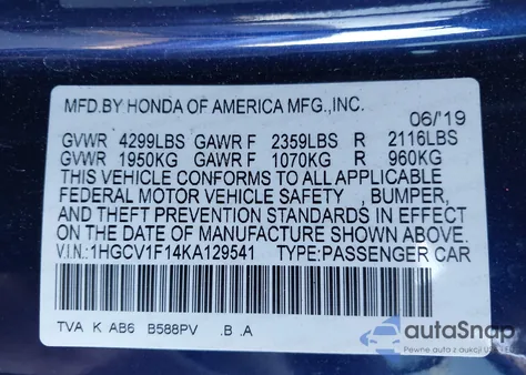 2019 Honda Accord Lx from USA, damaged, VIN 1HGCV1F14KA129541